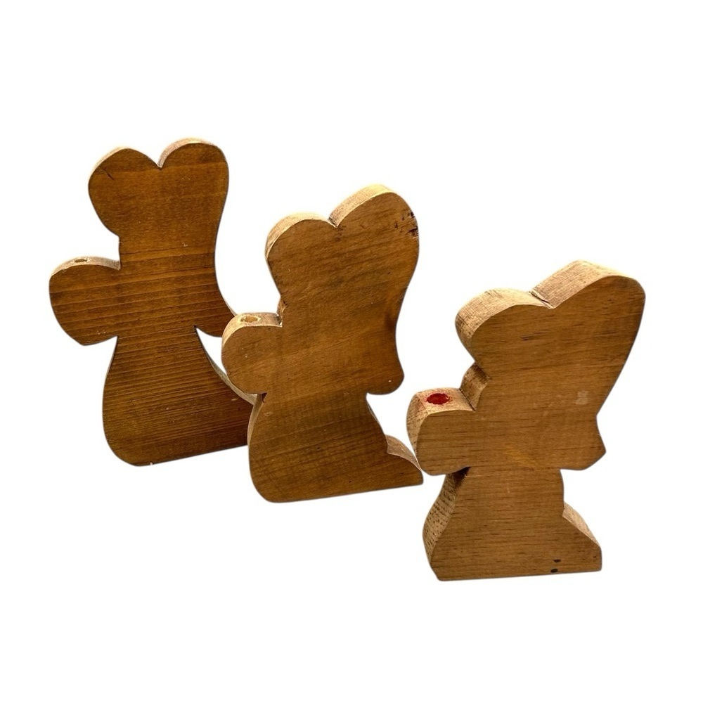Vintage Wooden Angel Candle Holder Set – Rustic Primitive Decor – Set of 3